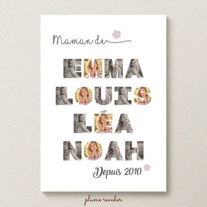 Affiche Maman de, un à quatre prénoms en lettres remplies de photos, titre et cœurs de couleur personnalisable
