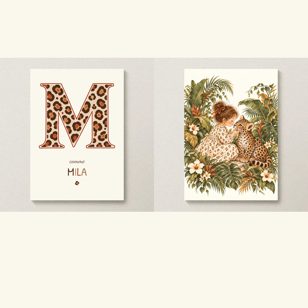 Duo jungle : affiche initiale léopard personnalisée et illustration assortie au choix