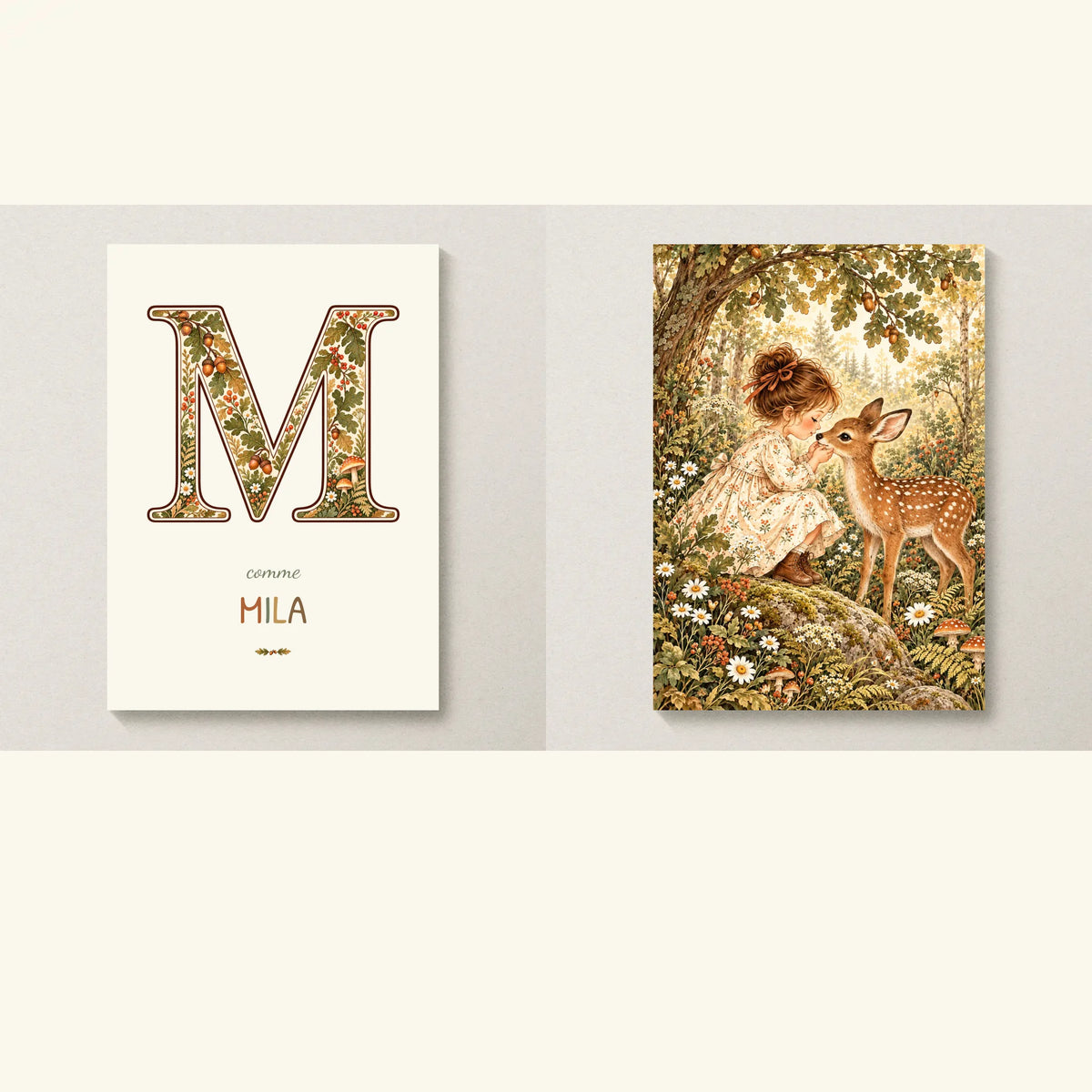 Duo forêt : initiale illustrée, prénom Mila et illustrations assorties