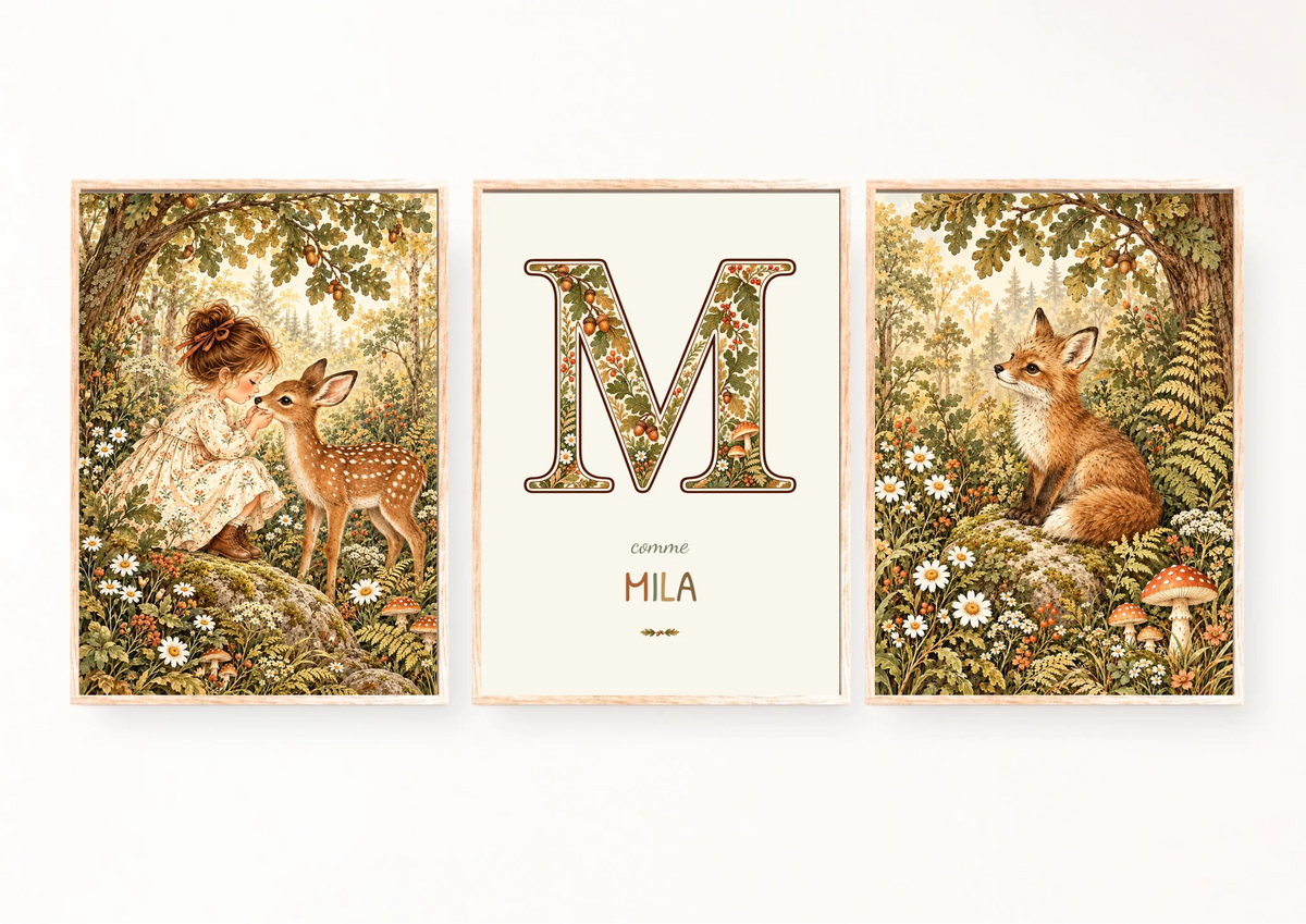 Triptyque forêt : initiale illustrée, prénom Mila et illustrations assorties