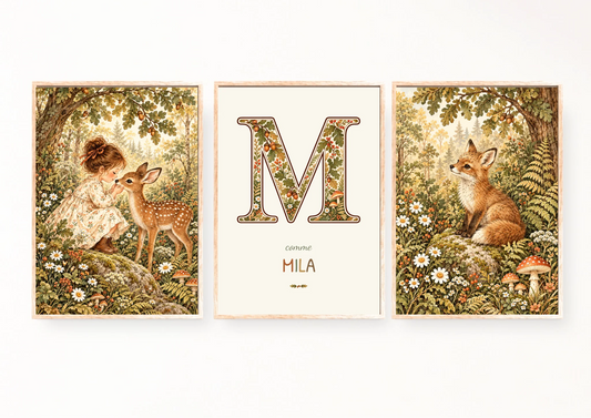 Triptyque forêt : initiale illustrée, prénom Mila et illustrations assorties