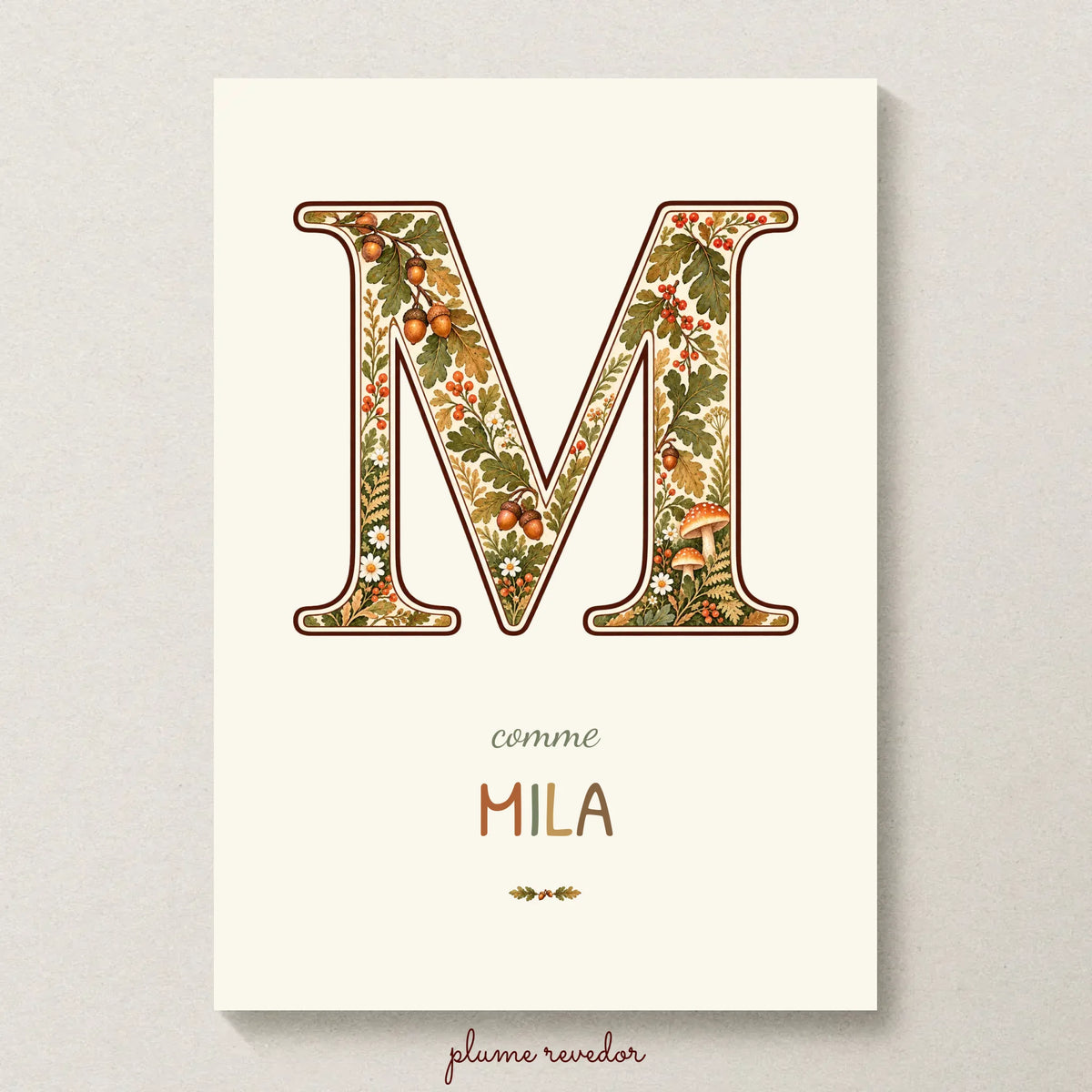 Affiche seule forêt : initiale illustrée, prénom Mila et illustrations assorties — fichier à imprimer