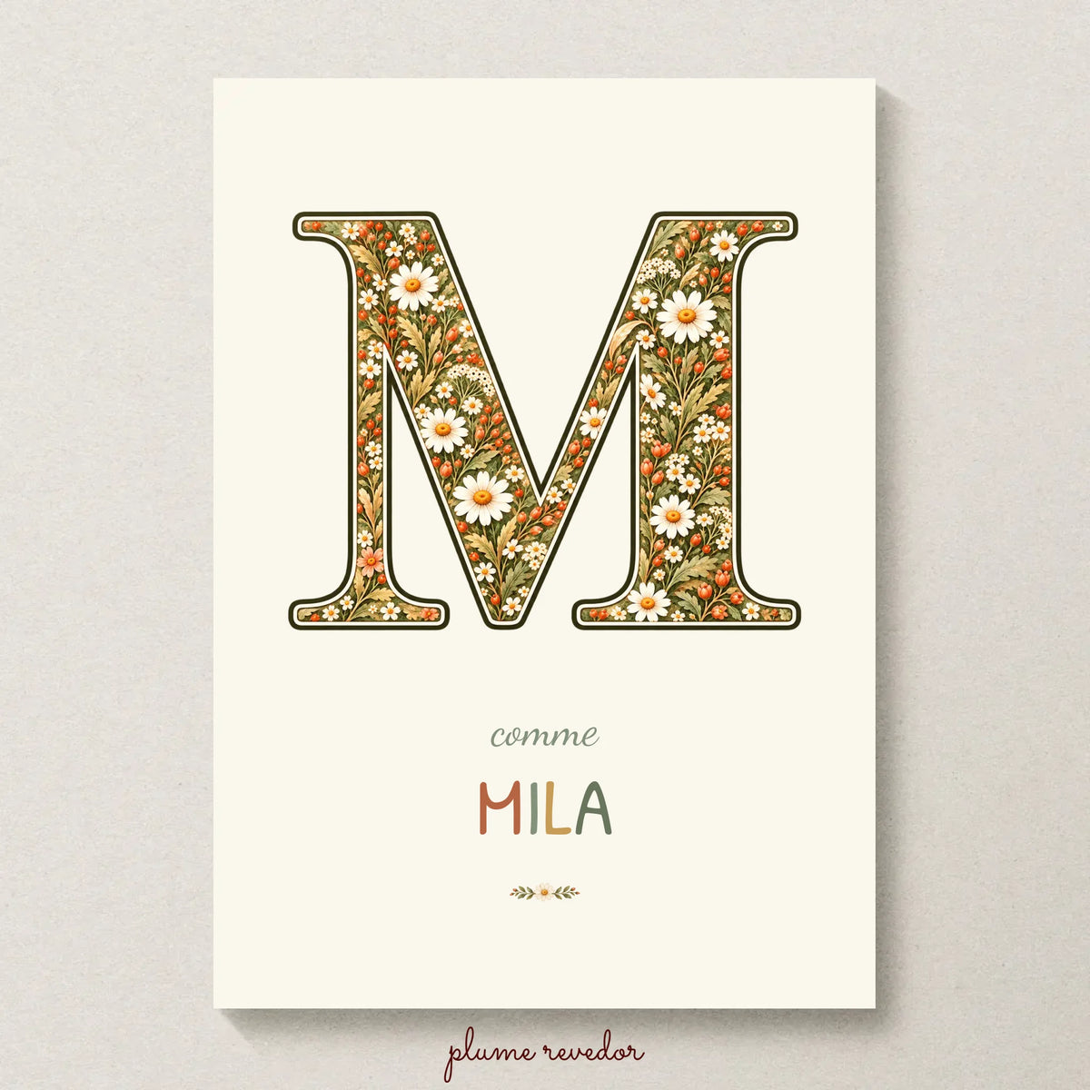 Affiche seule floral : initiale illustrée, prénom Mila et illustrations assorties