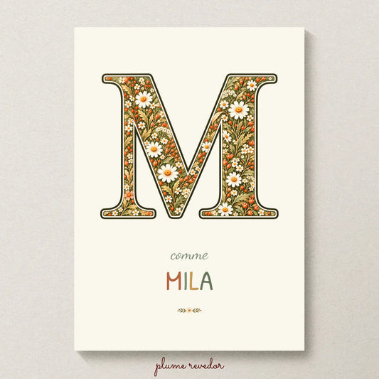 Affiche seule floral : initiale illustrée, prénom Mila et illustrations assorties