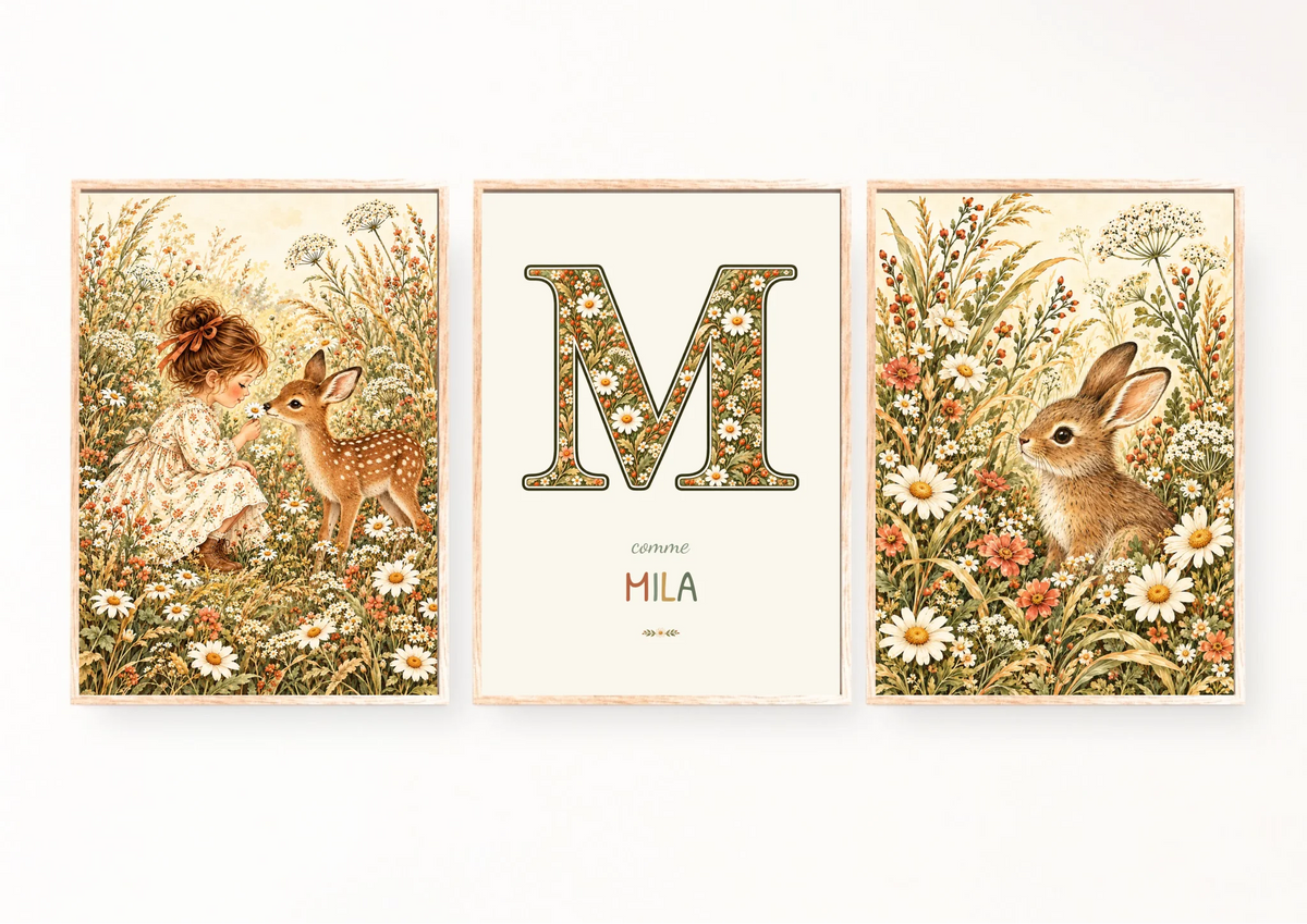 Triptyque floral : initiale illustrée, prénom Mila et illustrations assorties