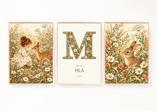 Triptyque floral : initiale illustrée, prénom Mila et illustrations assorties
