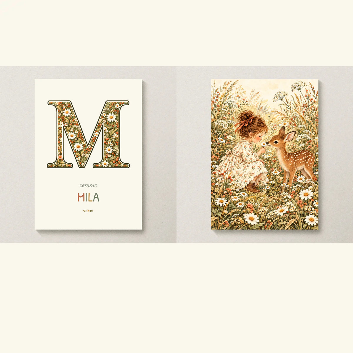 Duo floral : initiale illustrée, prénom Mila et illustrations assorties — fichier à imprimer