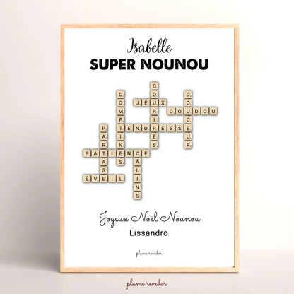 Affiche « Super nounou » avec prénom, mots croisés et message de Noël, présentée dans un cadre clair.