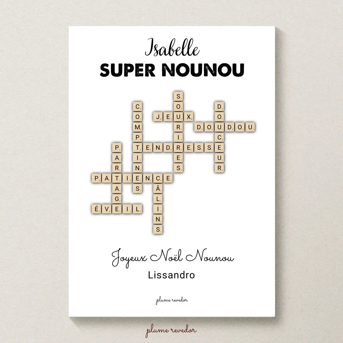 Affiche nounou personnalisée sans cadre avec le prénom Isabelle, des mots croisés et la signature de Lissandro.