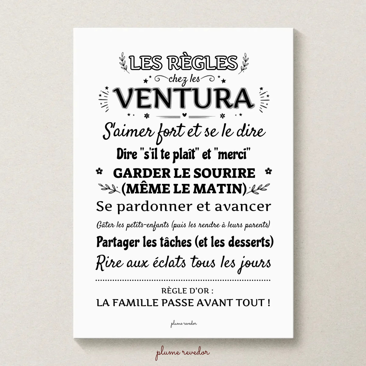 Affiche sans cadre « Les règles chez les Ventura », avec sept phrases et une règle d’or personnalisables.