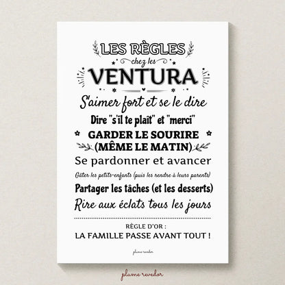 Affiche sans cadre « Les règles chez les Ventura », avec sept phrases et une règle d’or personnalisables.