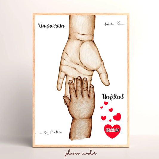 Affiche Parrain ou Marraine personnalisée — Mains avec filleul(e)