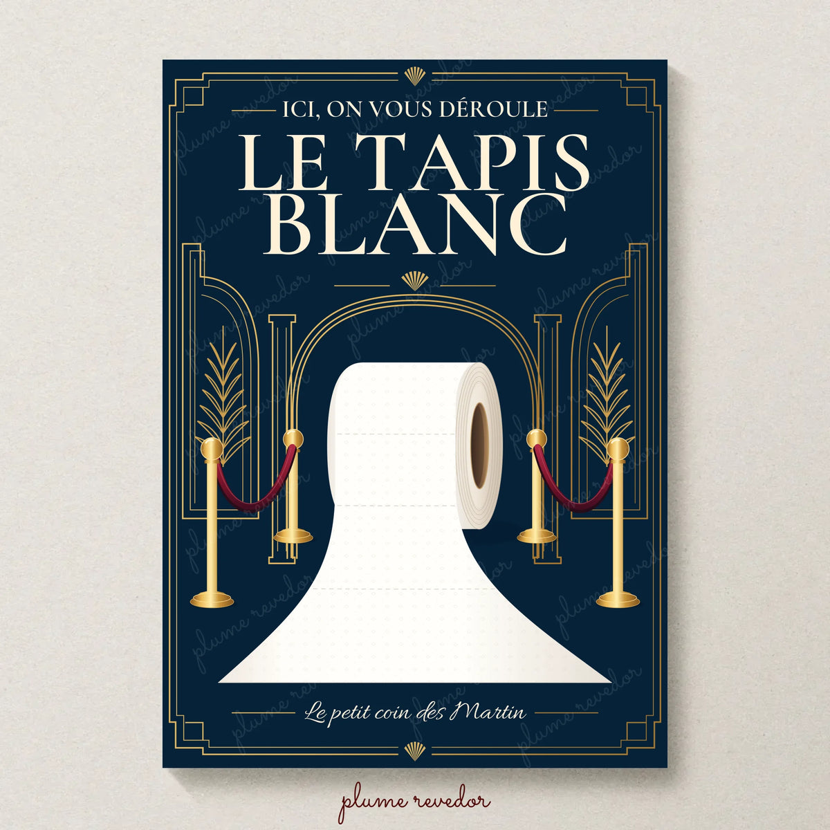 Affiche WC humour personnalisée Le tapis blanc — Grand Hôtel bleu nuit et doré