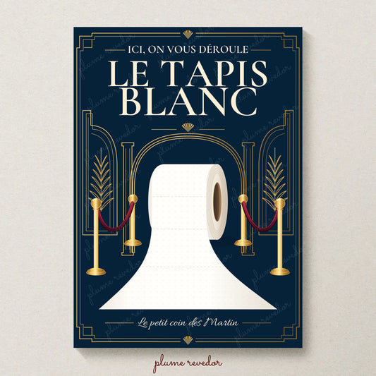Affiche WC humour personnalisée Le tapis blanc — Grand Hôtel bleu nuit et doré