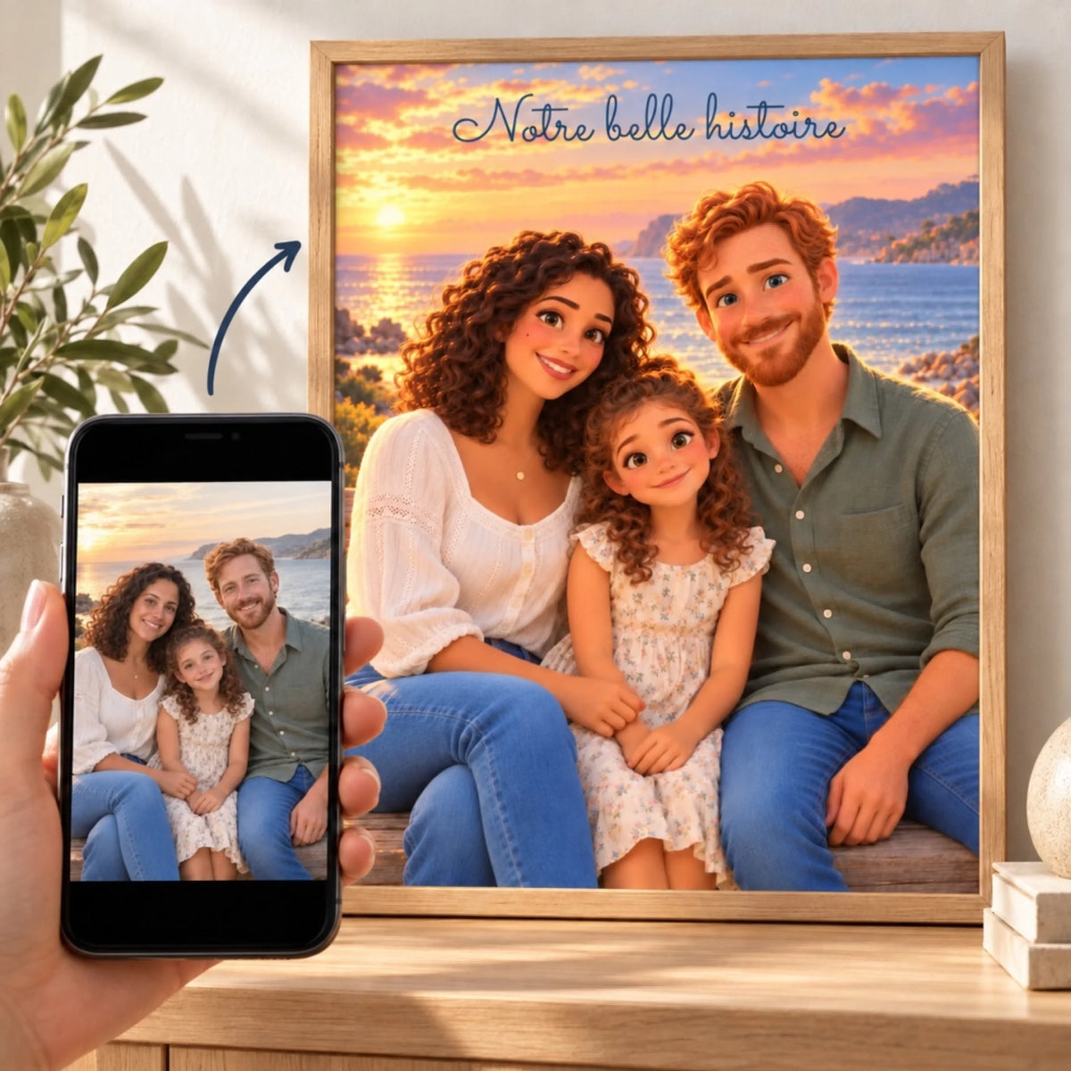 Photo de famille sur téléphone et portrait animation 3D Notre belle histoire dans un cadre, avec flèche avant/après.