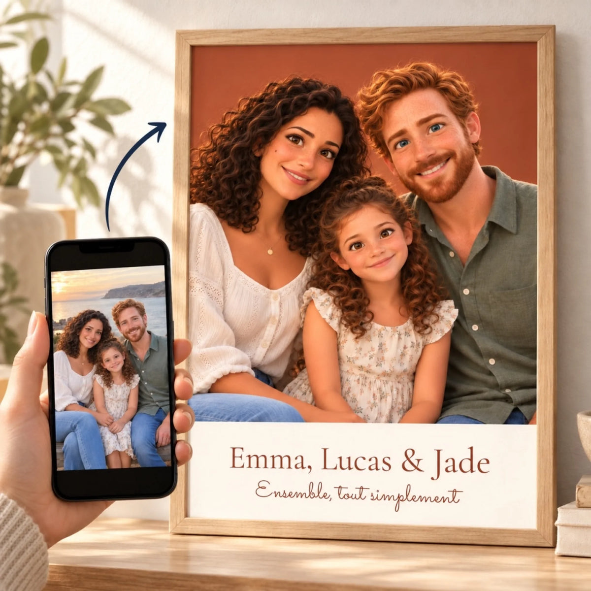 Photo de famille sur téléphone et portrait 3D Ensemble sur fond terracotta dans un cadre, avec flèche avant/après.