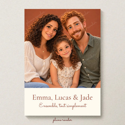 Affiche Ensemble : portrait de famille 3D sur fond terracotta, prénoms et message sur bandeau crème.