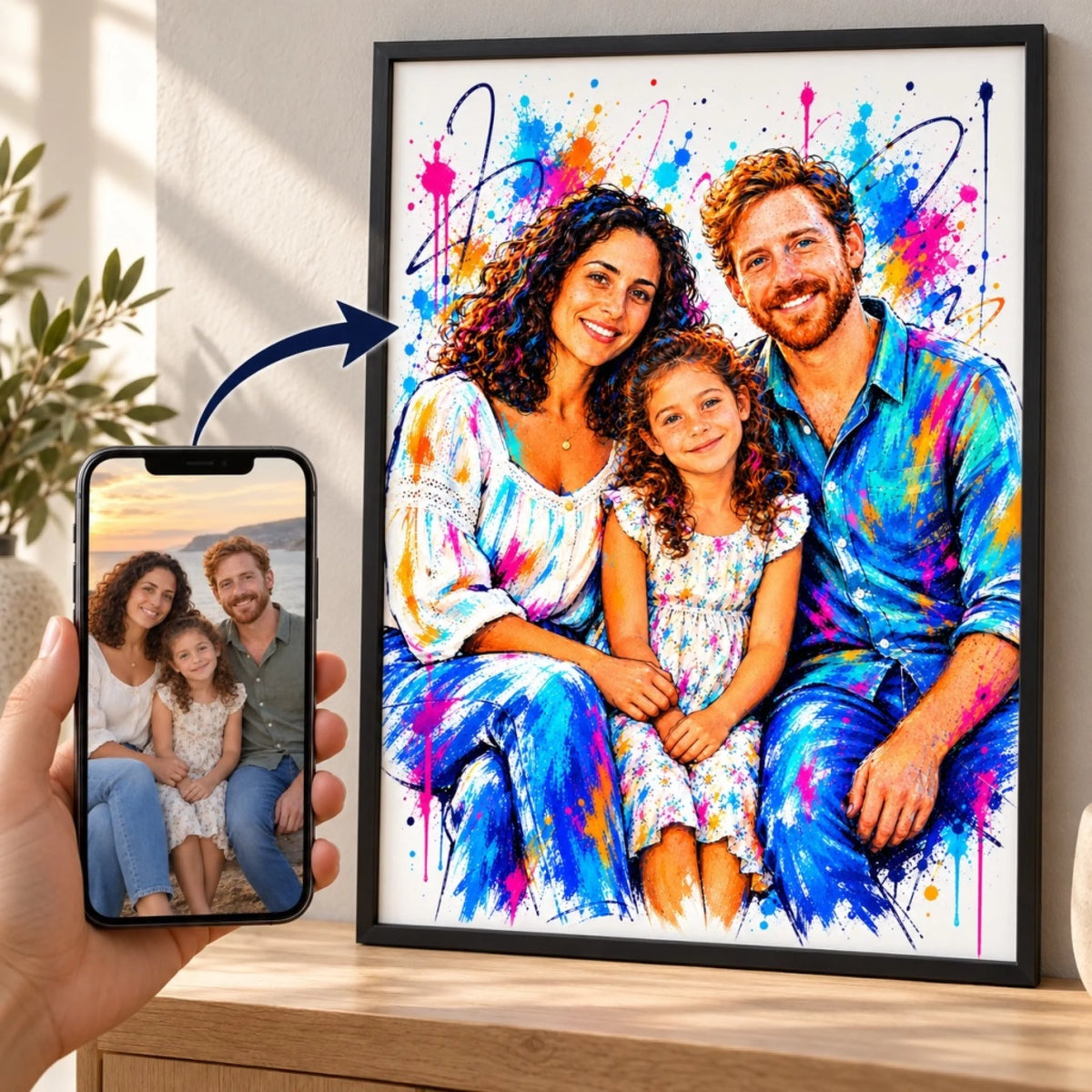 Photo source sur téléphone et portrait graffiti de famille encadré, reliés par une flèche