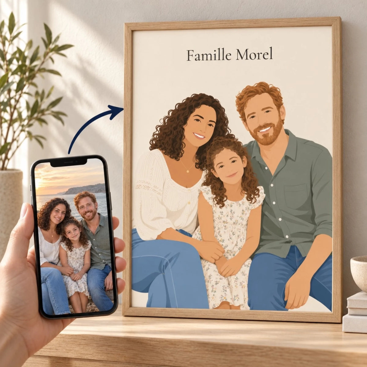 Photo de famille sur téléphone et portrait minimaliste Famille Morel, reliés par une flèche