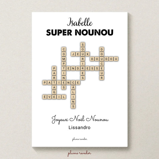 Affiche nounou personnalisée sans cadre avec le prénom Isabelle, des mots croisés et la signature de Lissandro.