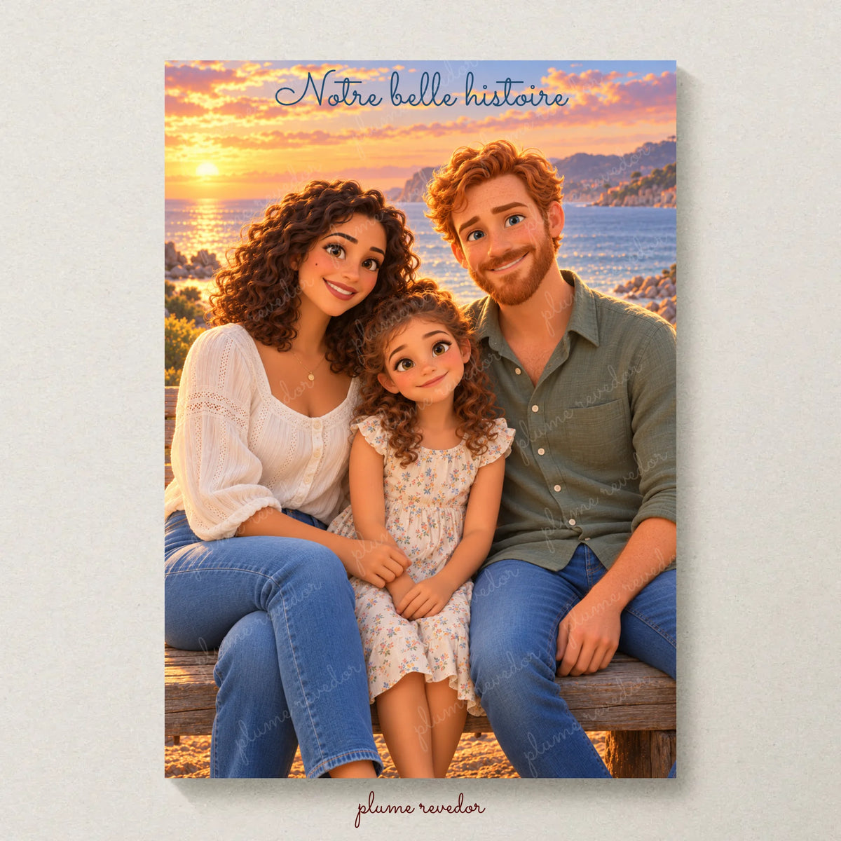 Affiche Notre belle histoire : portrait de famille en animation 3D et titre bleu, présenté sans cadre.
