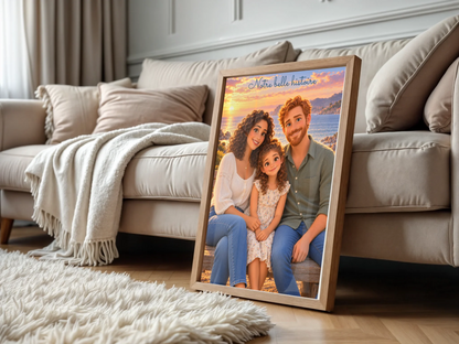 Affiche Notre belle histoire encadrée dans un salon, portrait de famille en animation 3D. Cadre non inclus.