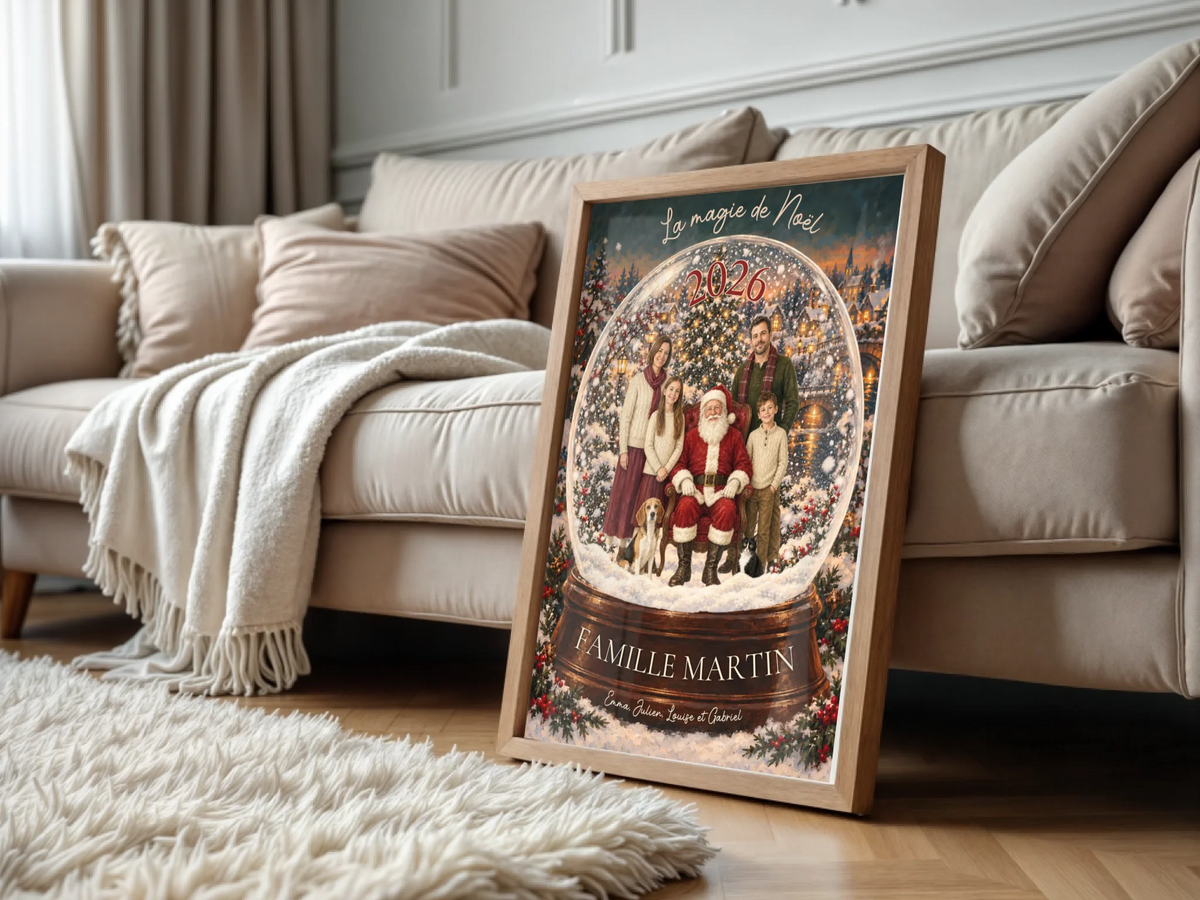 Affiche boule à neige vintage présentée au-dessus d’un canapé