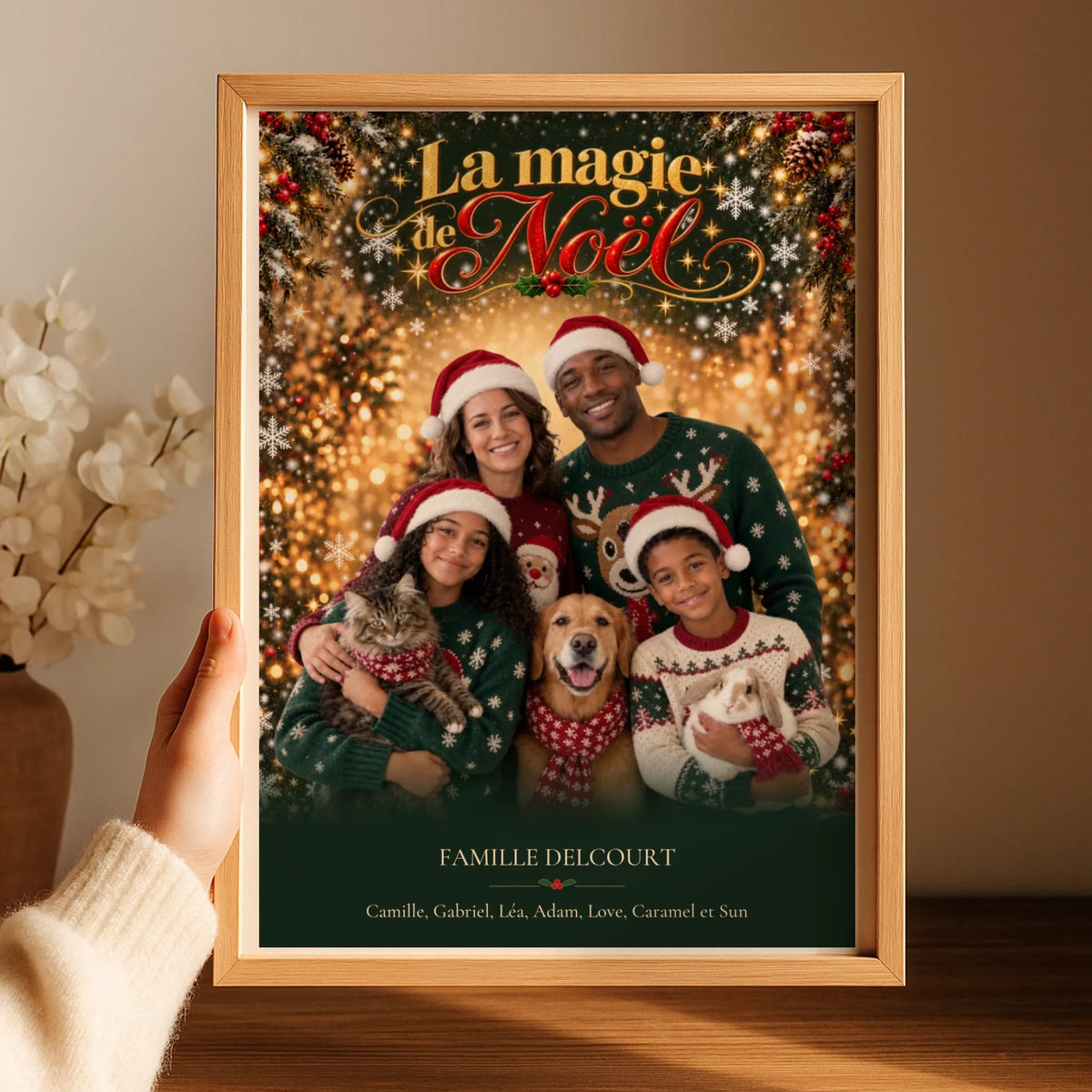 Affiche de Noël encadrée avec famille et animaux en pulls kitsch et bonnets de Père Noël, présentée sur une table.