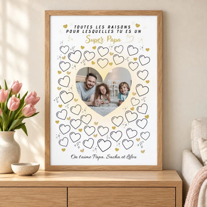 Affiche Maman de quatre enfants avec prénoms en photos, cadre vertical et bouquet de tulipes roses