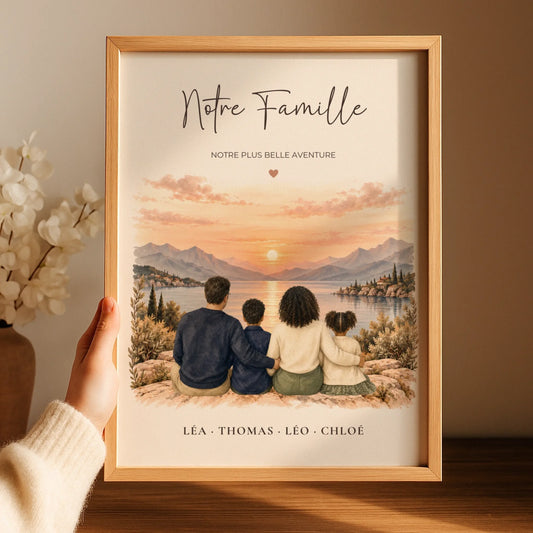 Affiche famille personnalisée aquarelle dans un cadre en bois, avec coucher de soleil sur un lac