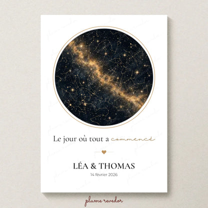Affiche carte du ciel étoilé personnalisée avec prénoms Léa et Thomas et date de rencontre