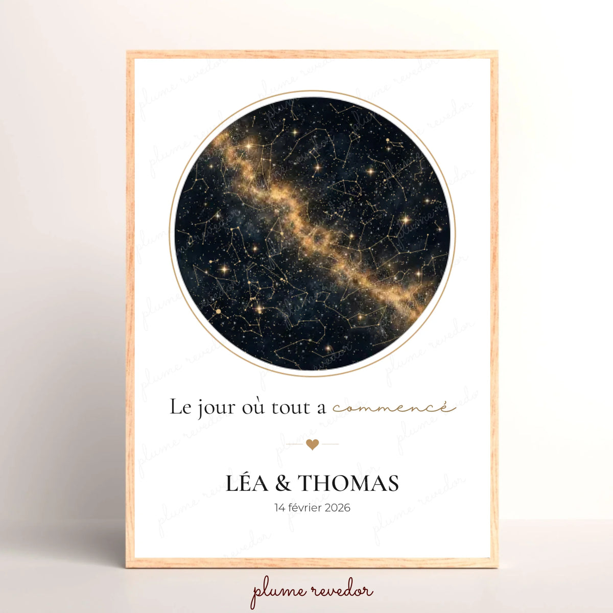Affiche personnalisée Le jour où tout a commencé avec carte des étoiles dorées et prénoms du couple