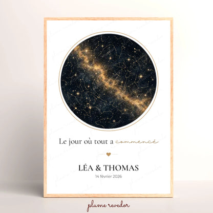 Affiche personnalisée Le jour où tout a commencé avec carte des étoiles dorées et prénoms du couple