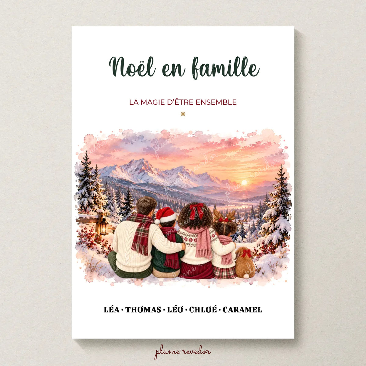 Affiche Noël en famille avec prénoms personnalisés, illustration aquarelle de famille devant un paysage de montagne