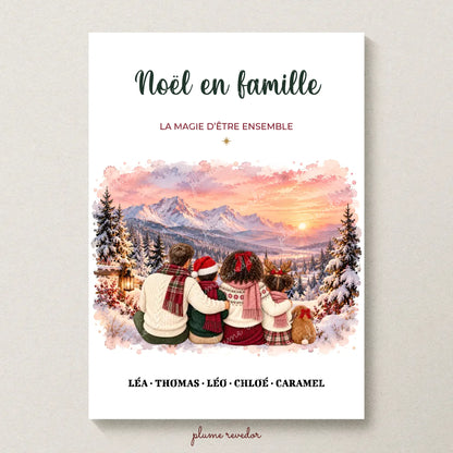 Affiche Noël en famille avec prénoms personnalisés, illustration aquarelle de famille devant un paysage de montagne