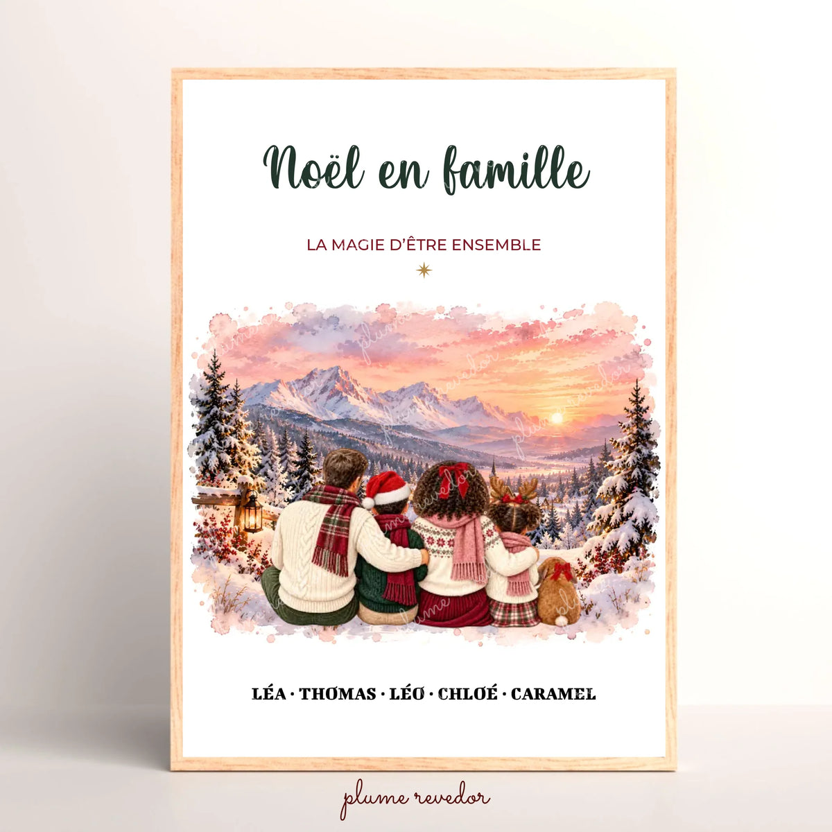 Portrait de famille personnalisé pour Noël avec enfants et animal de compagnie, affiche illustrée avec prénoms
