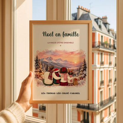 Affiche famille Noël personnalisée encadrée en bois, décoration murale festive avec illustration de famille