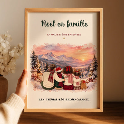 Affiche de Noël personnalisée avec portrait de famille illustré à l'aquarelle dans un paysage enneigé