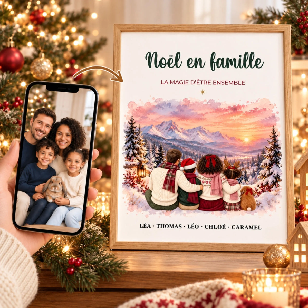 Affiche Noël en famille personnalisée à partir d'une photo, portrait illustré dans un cadre en bois avec décoration de Noël