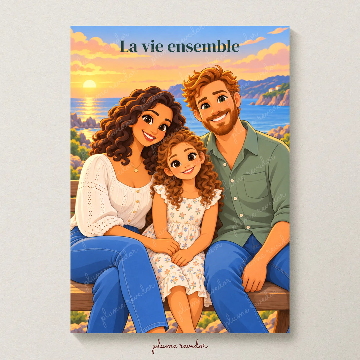 Affiche famille personnalisée style dessin animé avec paysage au coucher du soleil