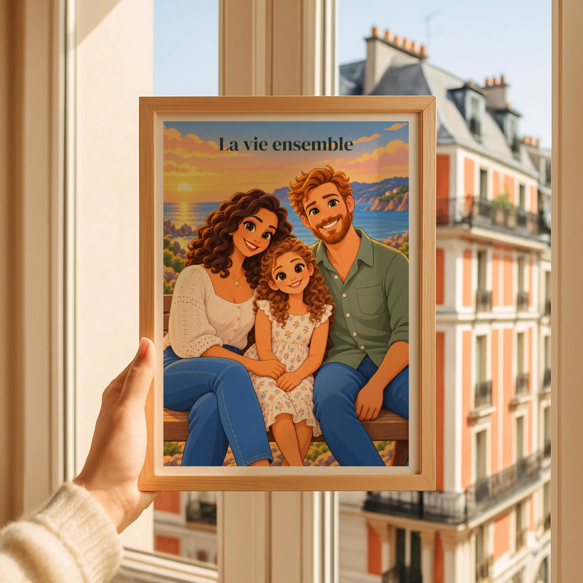 Portrait personnalisé dessin animé présenté dans un cadre en bois dans un intérieur chaleureux