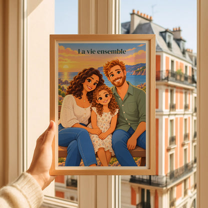 Portrait personnalisé dessin animé présenté dans un cadre en bois dans un intérieur chaleureux