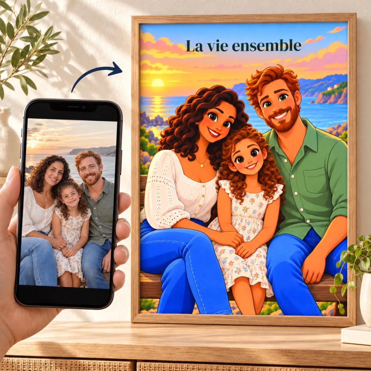 Transformation d'une photo de famille en affiche dessin animé personnalisée dans un cadre