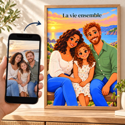 Transformation d'une photo de famille en affiche dessin animé personnalisée dans un cadre
