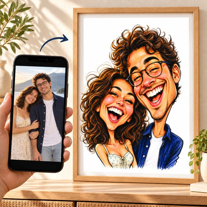 Affiche caricature personnalisée à partir d’une photo dans un cadre en bois