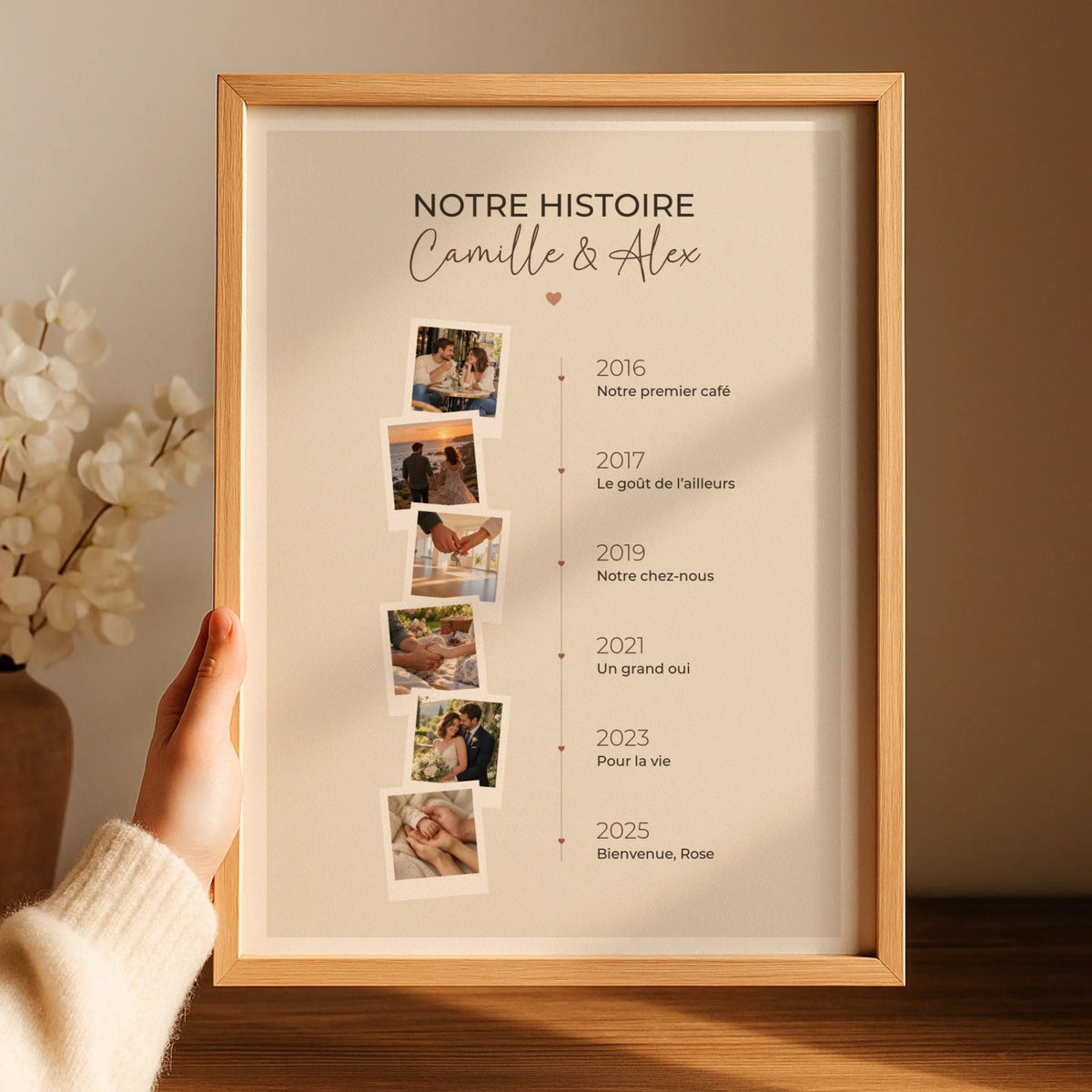 Affiche couple personnalisée Notre histoire en photos et dates présentée dans un cadre en bois