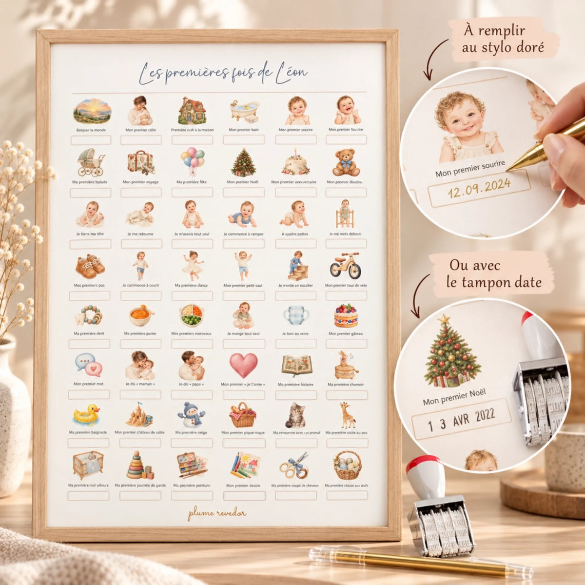 Affiche mes premières fois bébé à compléter dans un cadre en bois