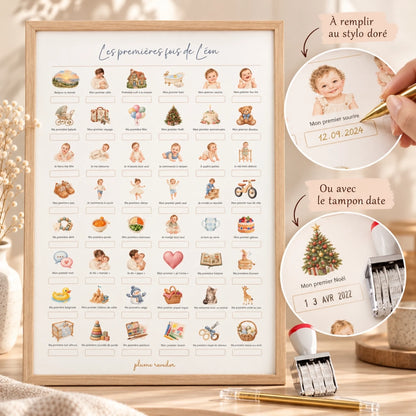 Affiche mes premières fois bébé à compléter dans un cadre en bois