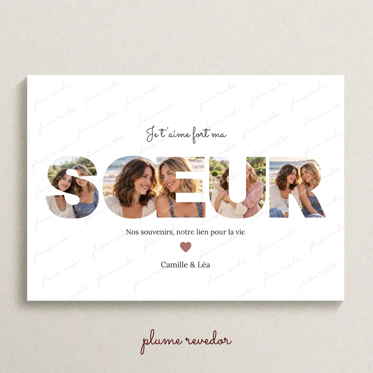 Affiche cadeau sœur avec photos dans les lettres, prénoms et petits mots personnalisés