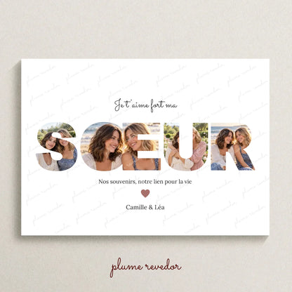 Affiche cadeau sœur avec photos dans les lettres, prénoms et petits mots personnalisés